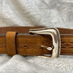 American Made Mens 42 Tan Brown Tooled Top Grain Leather Western Belt Rugged